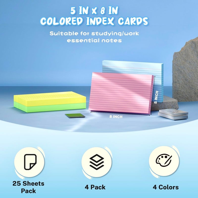 Aidunmis 100 Count Index Cards 5x8, 4 Colors large index cards, Colored Note Cards 5x8, 25 Sheets Per Lined Index Cards Ruled, Color flash cards 5x8, Colored Notecards 5 x 8 for Office, School, and Home - Image 2
